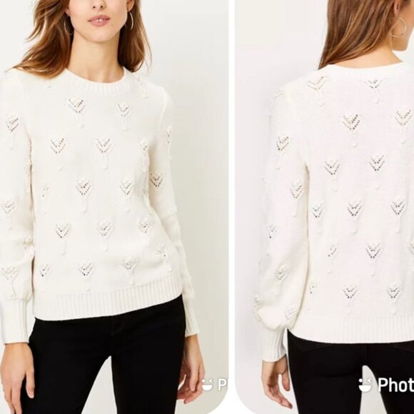 Loft NWT Women Sweater S Ivory Knitted Embellish Shift Pointelle Cardigan - Picture 1 of 5
